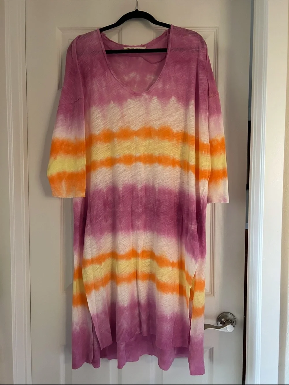 Free People Tie-Dye V-Neck Midi Dress in Purple, Orange & Cream